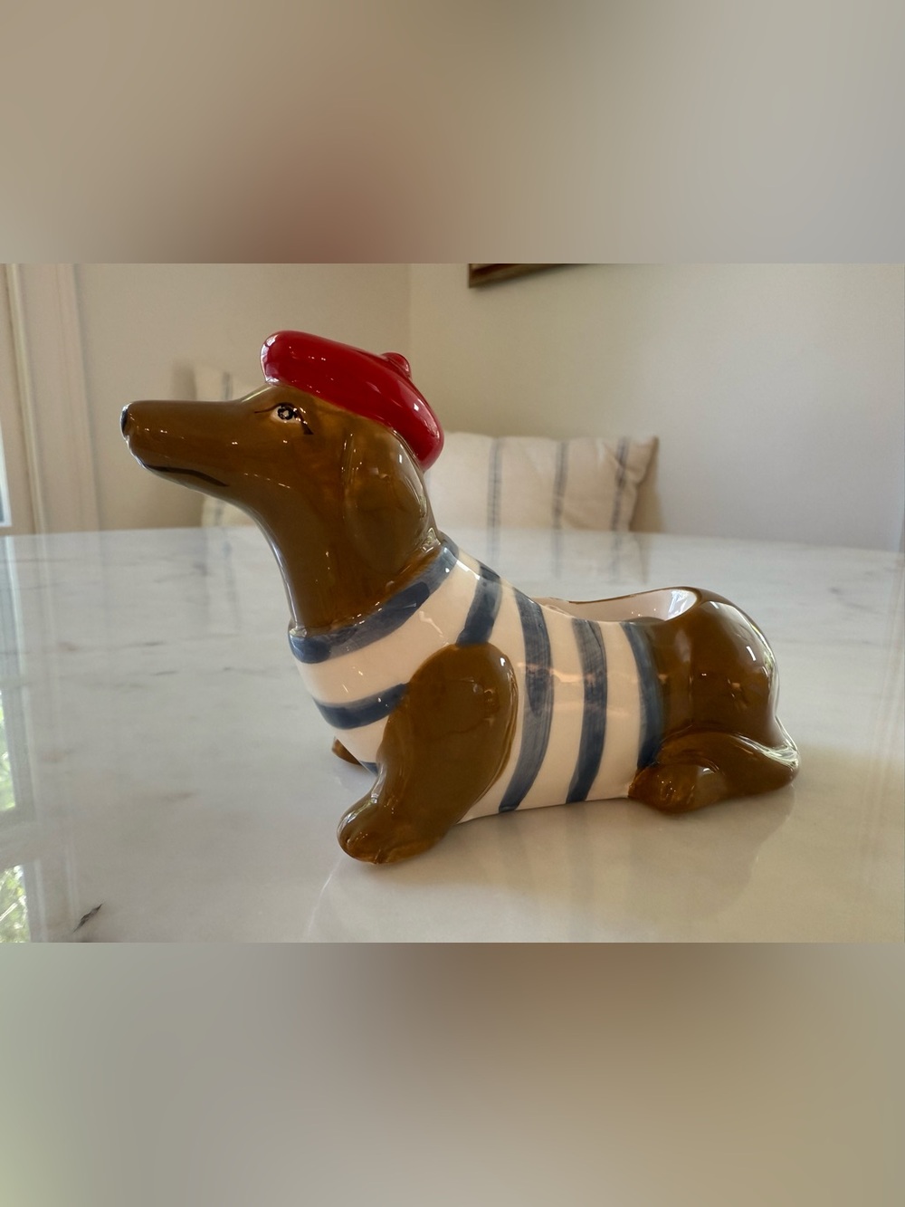 Cute dachshund weiner dog trinket dish planter French w/ beret & striped shirt